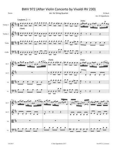 Bach: BWV 972 (After Vioin Concerto by Vivaldi RV 230) 2nd mvt, Larghetto; arr. for String Quartet; (arr. D Oppenheim)