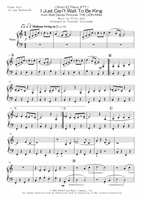 I Just Can't Wait To Be King (arr. Tsuyoshi Yoroiguma)