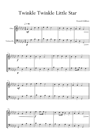 Twinkle Twinkle Little Star in Gb Major for Oboe and Cello (Violoncello) Duo. Easy. (arr. Matheus Araújo)