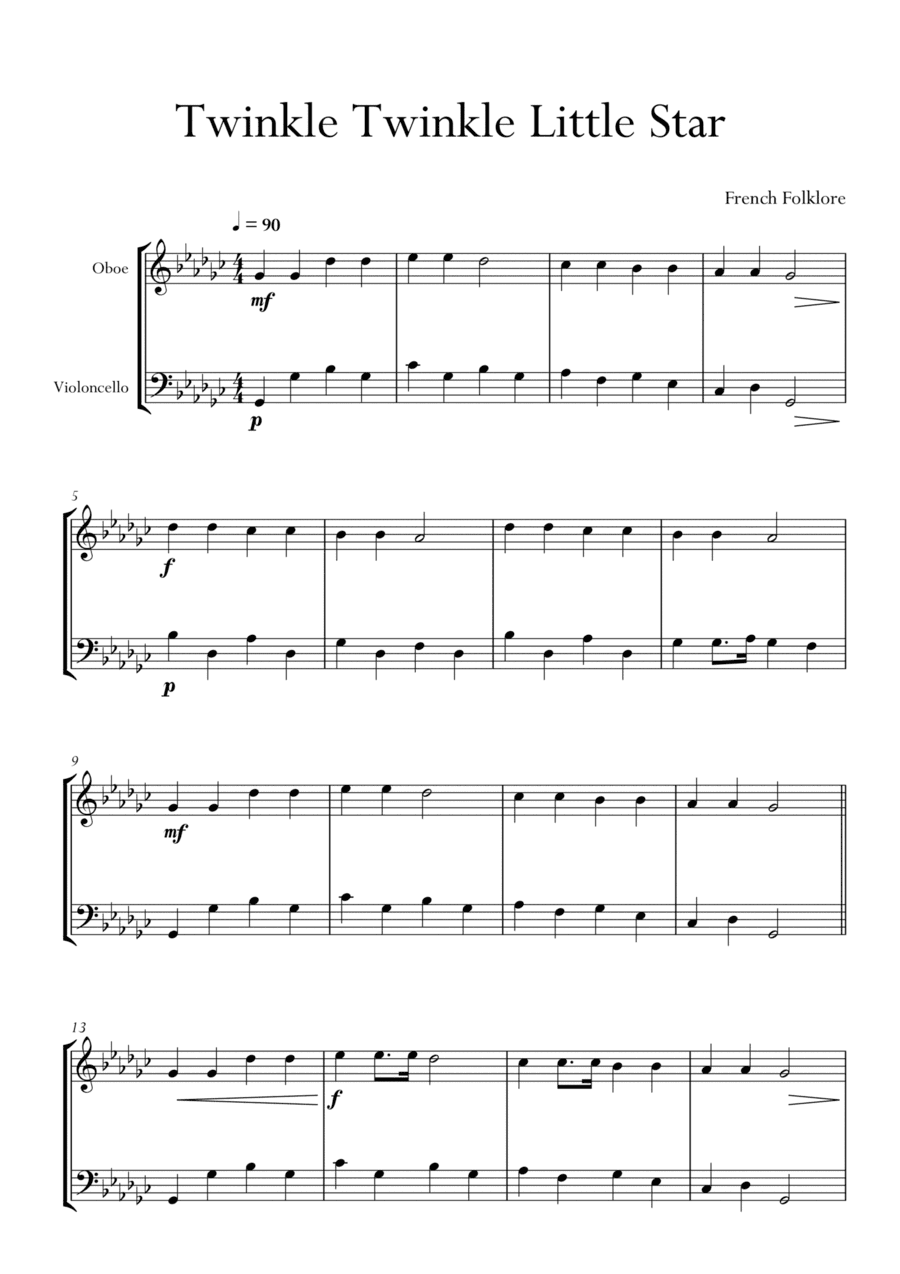 Twinkle Twinkle Little Star in Gb Major for Oboe and Cello (Violoncello) Duo. Easy. (arr. Matheus Araújo)