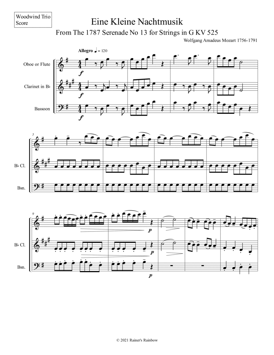 Mozart 1787 KV 525 Eine Kleine Nachtmusik Woodwind Trio Full Score & Parts