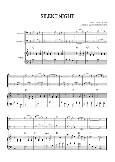Silent Night for bassoon duet with piano accompaniment • easy Christmas song sheet music (w/ chords) (arr. Benzaiten Editions)