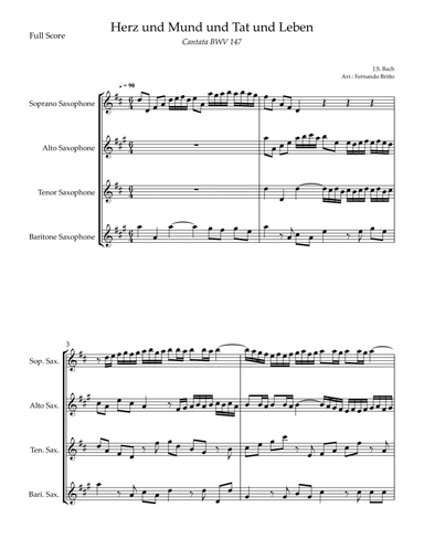Cantata Herz und Mund und Tat und Leben (J.S. Bach BWV 147) for Saxophone Quartet (arr. Fernando Britto)