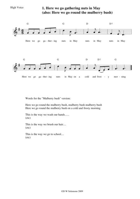 Here we go gathering nuts in May arranged for voice with guitar chords (arr. David Warin Solomons)