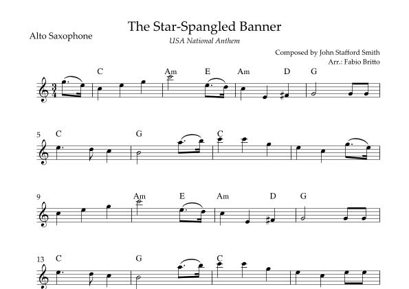 The Star Spangled Banner (USA National Anthem) for Alto Saxophone Solo with Chords (Eb Major) (arr. Fabio Britto)