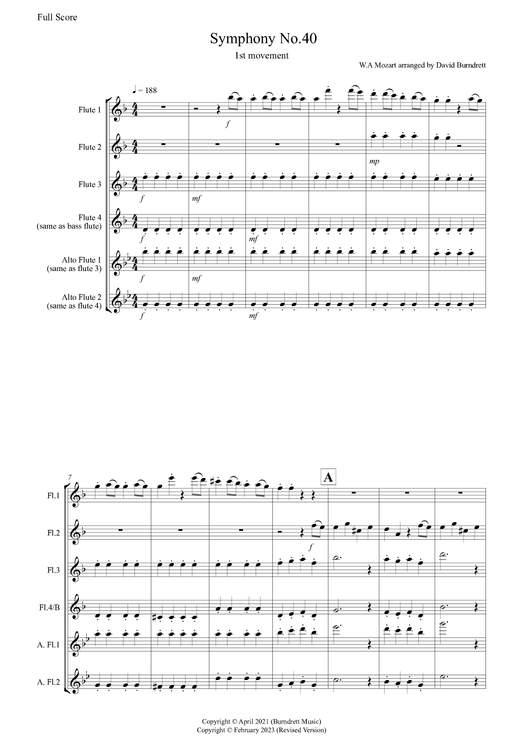 Symphony No.40 (1st movement) for Flute Quartet (arr. David Burndrett)