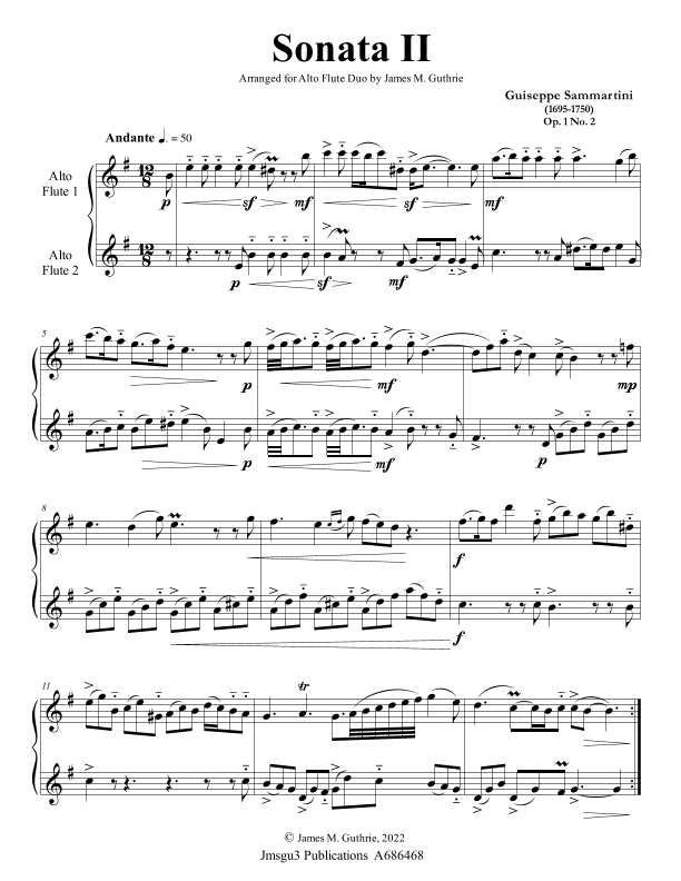 Sammartini: Sonata Op. 1 No. 2 for Alto Flute Duo (arr. James M. Guthrie)