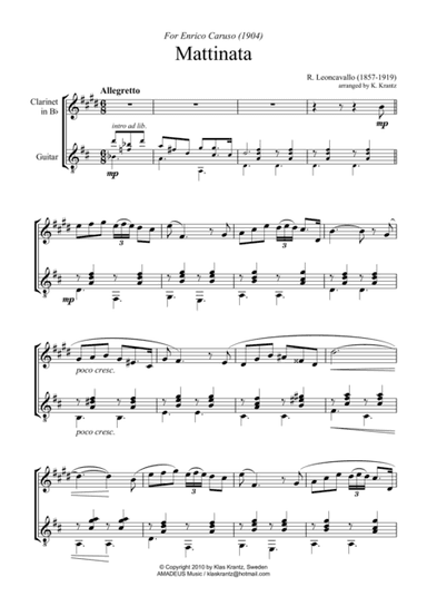 Mattinata for clarinet in Bb and guitar (arr. Amadeus Music)