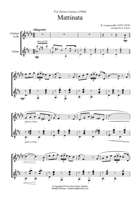 Mattinata for clarinet in Bb and guitar (arr. Amadeus Music)