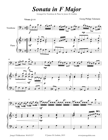 Telemann: Sonata in F Major for Trombone & Piano (arr. James M. Guthrie, ASCAP)
