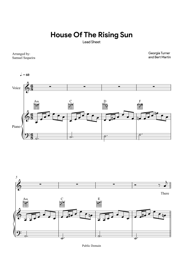 House of the Rising Sun - Lead Sheet - with play along (arr. Samuel Sequeira)
