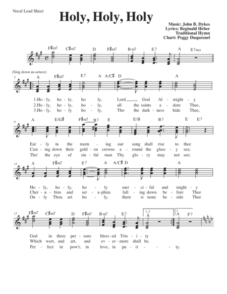 Holy, Holy, Holy (Key of A-Bb) Vocal Lead Sheet (3-parts) (arr. Peggy Duquesnel)