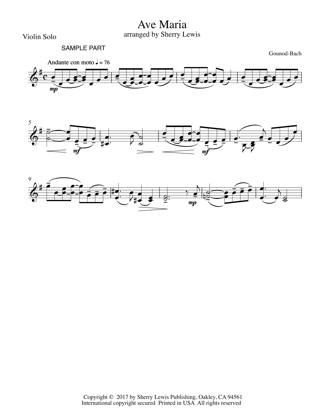 Ave Maria Bach-Gounod SOLO VIOLIN (for violin solo) (arr. Sherry Lewis)