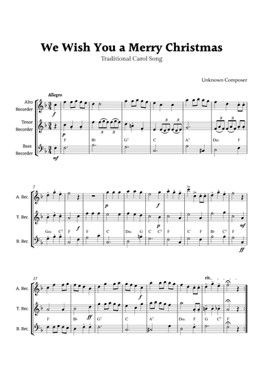 We Wish you a Merry Christmas for Low Ensemble Recorder Trio with Chords (arr. Rika K.)