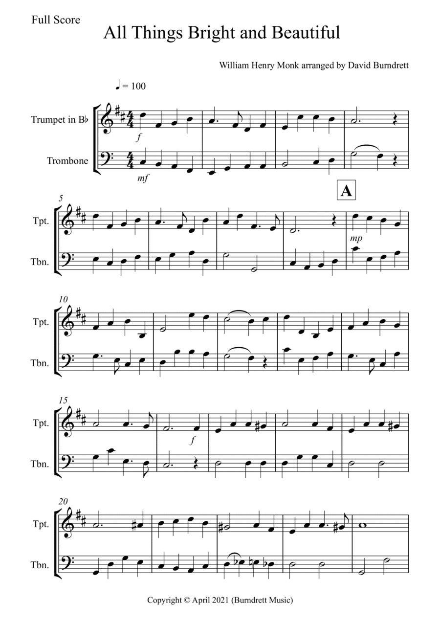 All Things Bright and Beautiful for Trumpet and Trombone Duet (arr. David Burndrett)