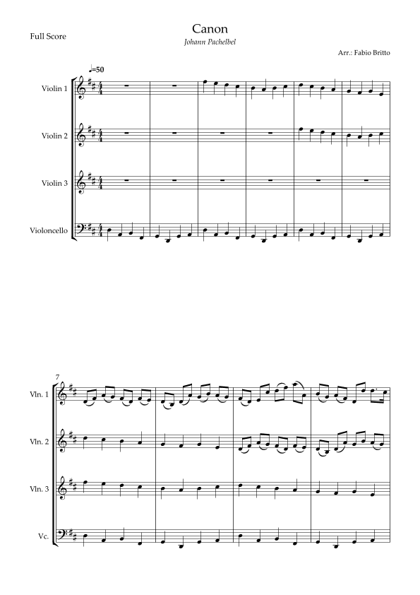Canon - Johann Pachelbel (Wedding/Reduced Version) for 3 Violins and Cello (arr. Fabio Britto)