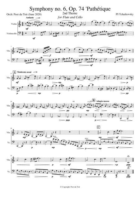 Symphony no. 6, Op. 74 'Pathétique', Andante (I) 2nd theme - PI Tchaikovsky (Violin & Cello) excerp (arr. Peet du Toit)