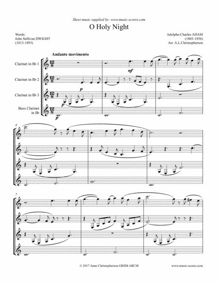 Cantique de Noel; O Holy Night - Clarinet Quartet: 3 Bb Clarinets, Bass Clarinet (arr. Anne L Christopherson GRSM ARCM)