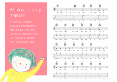 Ah! vous dirai-je, maman Melody + Guitar chords + Guitar TAB's (arr. iEduArtsPublishers)