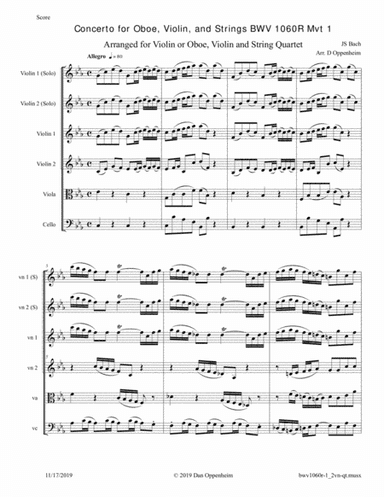 Bach: Concerto for Oboe, Violin, and Strings BWV 1060R Mvt 1 arr. for 2 Violins and String Quartet (arr. D Oppenheim)