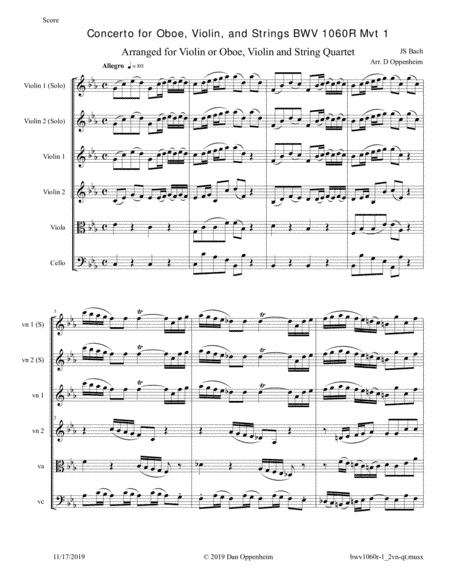 Bach: Concerto for Oboe, Violin, and Strings BWV 1060R Mvt 1 arr. for 2 Violins and String Quartet (arr. D Oppenheim)