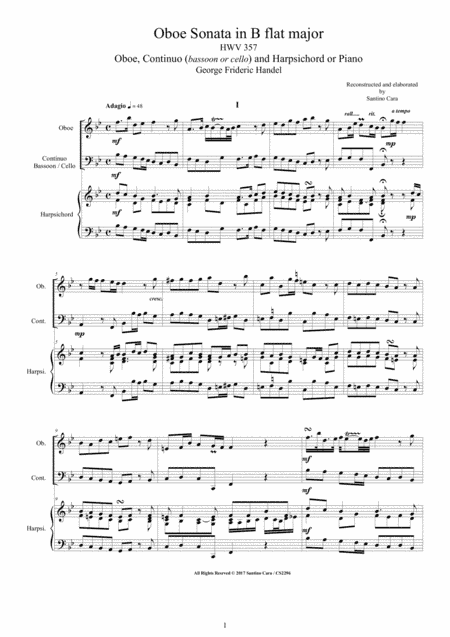 Handel - Oboe Sonata in B flat HWV 357 for Oboe, Continuo and Harpsichord or Piano (arr. Santino Cara)