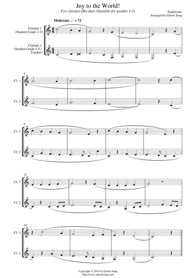 Joy to the World (for clarinet(Bb) duet, suitable for grades 1-5) (arr. Edwin Sung)