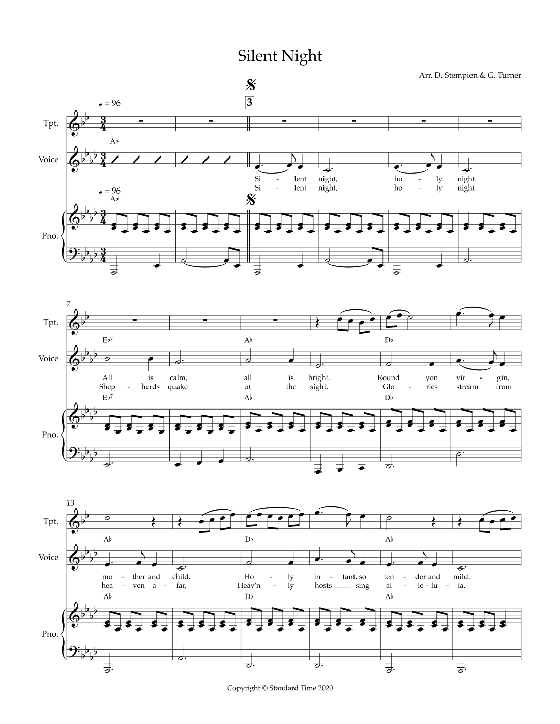 Silent Night for Vocal Solo with Trumpet and Piano Accompaniment (Christmas) (arr. Debra E. Stempien, Gregory H. Turner)