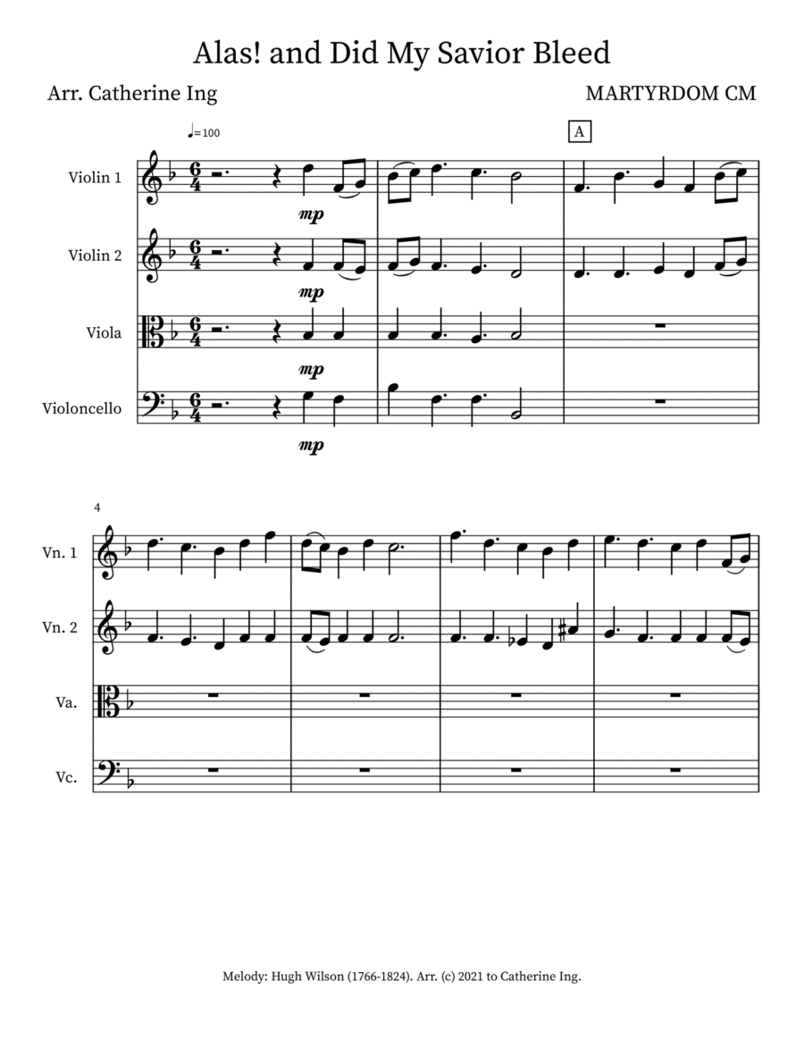 Alas! And Did My Savior Bleed - String Quartet (arr. Catherine Ing)