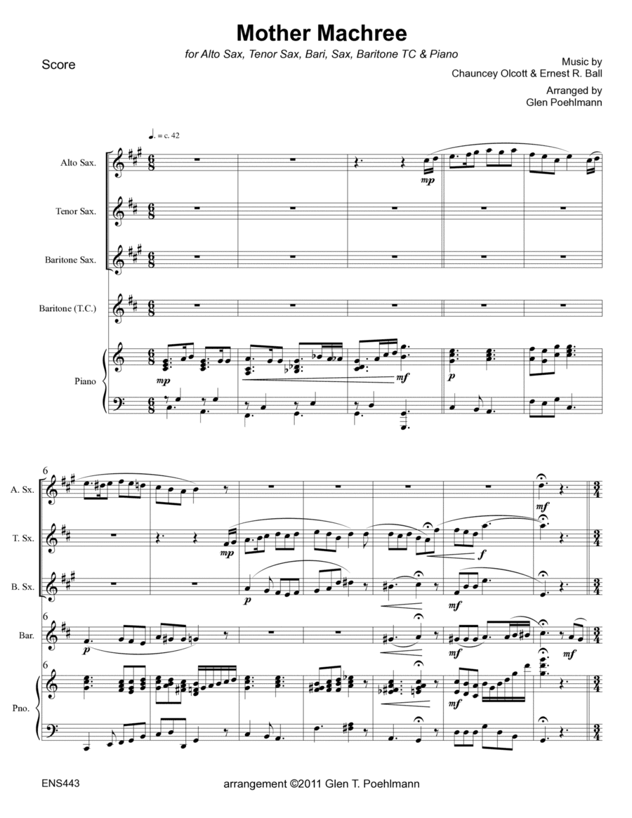 MOTHER MACHREE - Alto, Tenor & Baritone Saxes & Baritone TC or Trombone with Piano Accompaniment (arr. Glen Poehlmann)