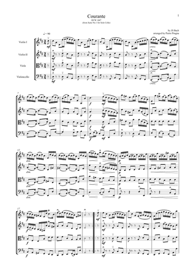 Courante from Suite No 1 for Solo Cello (BWV 1007) by JS Bach - arranged for String Quartet (arr. Pietro Prugna)