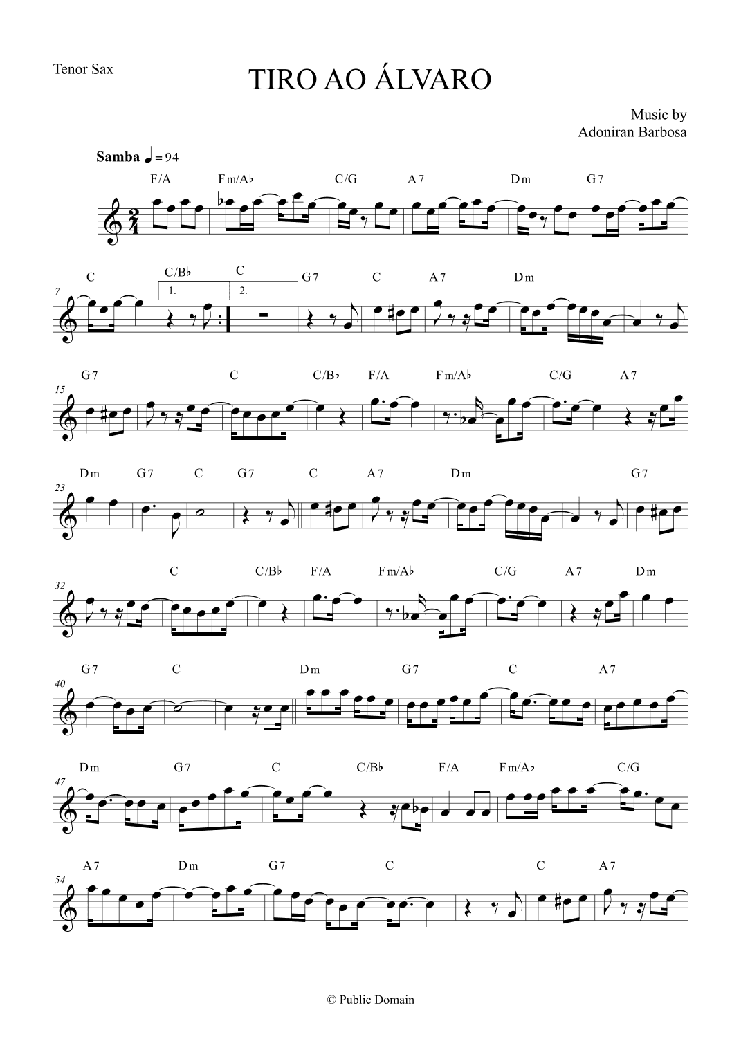 Tiro ao Álvaro by Adoniran Barbosa - Tenor Saxophone (arr. The Sheet Music Library)