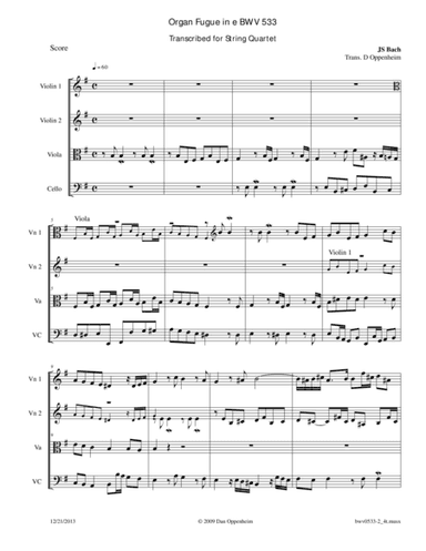Bach: Fugue BWV 533 in E Minor arr. for String Quartet (arr. D Oppenheim)