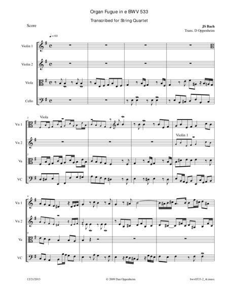 Bach: Fugue BWV 533 in E Minor arr. for String Quartet (arr. D Oppenheim)
