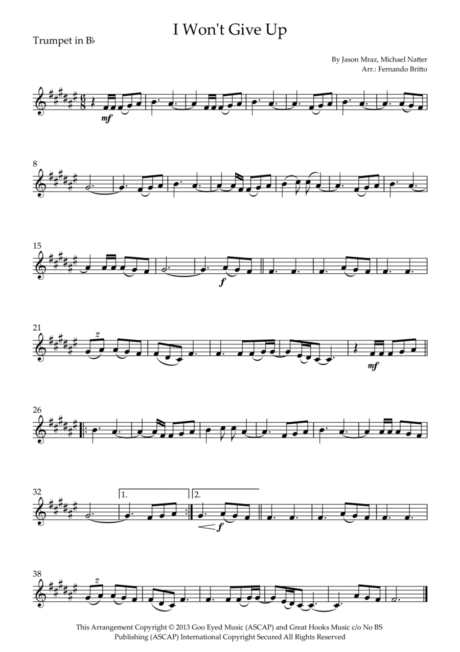 I Won't Give Up (arr. Fernando Britto)
