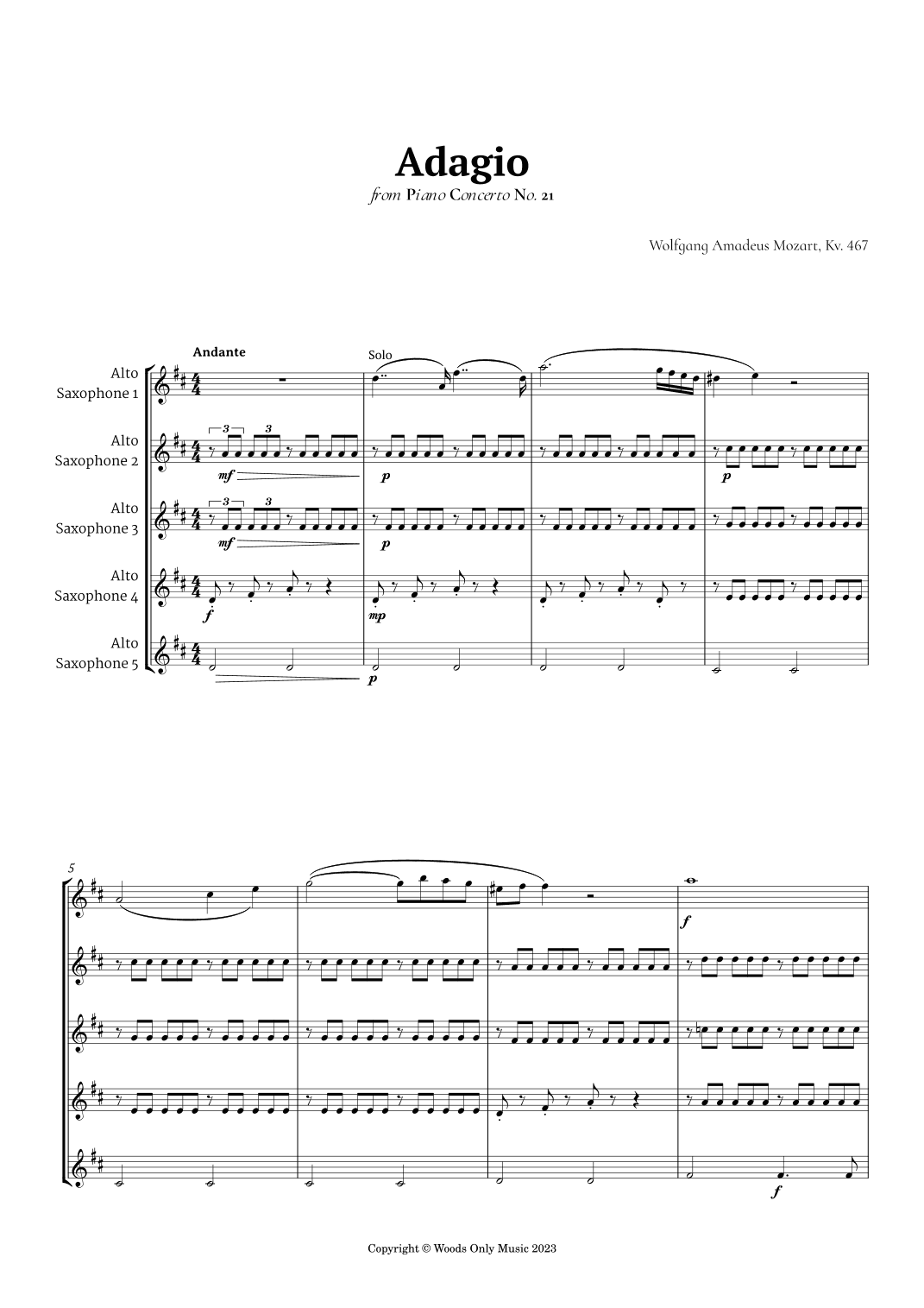 Andante from Piano Concerto No. 21 by Mozart for Alto Sax Quintet (arr. Ander)