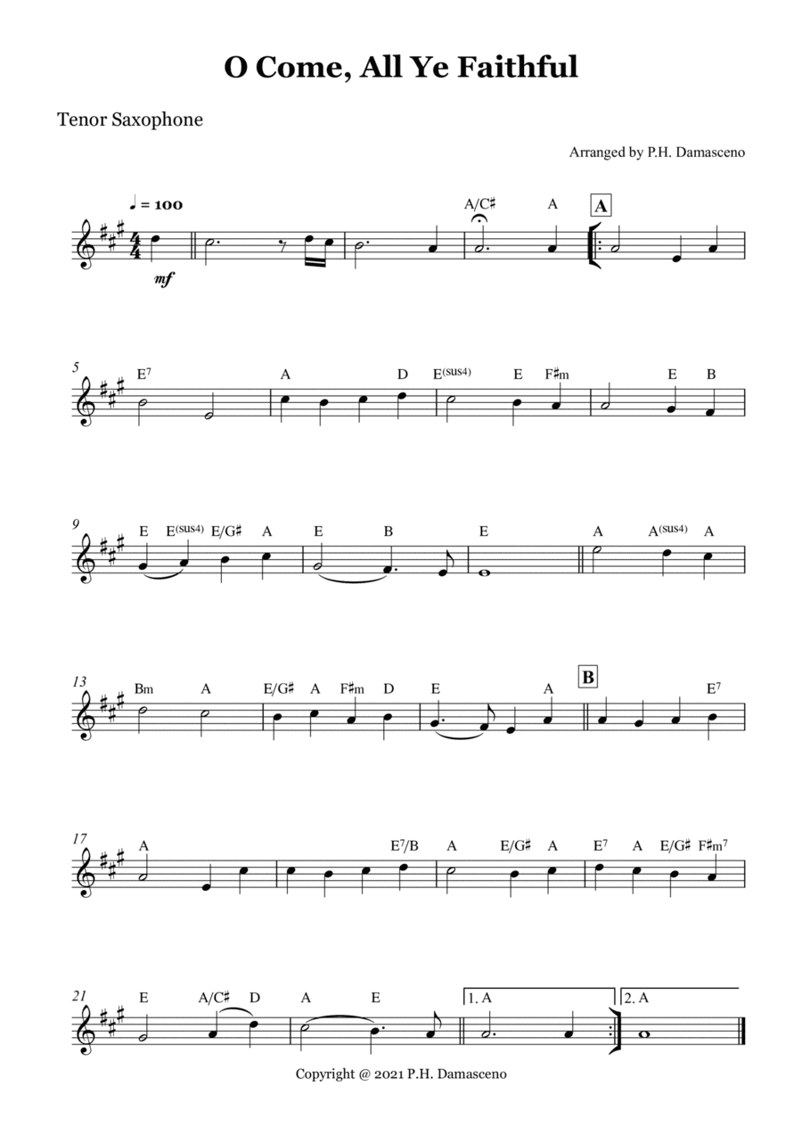 O Come, All Ye Faithful - Tenor Saxophone Solo with Chords (arr. P.H. Damasceno)