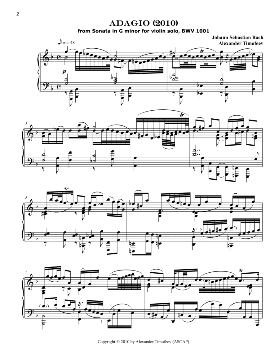 Adagio, Concert Transcription for Piano from Bach’s Sonata in G Minor for Violin Solo, BWV 1001 (arr. Alexander Timofeev)