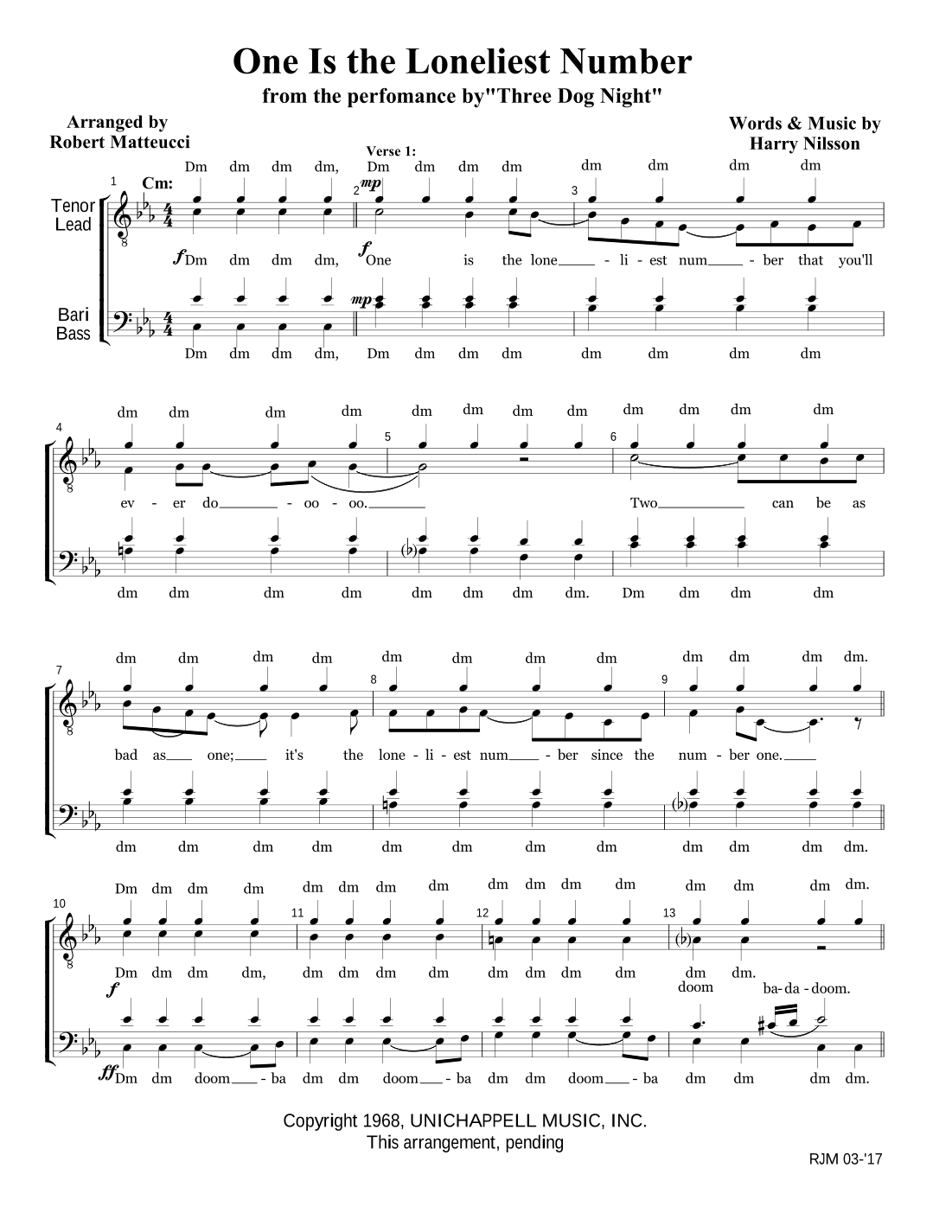 One Is The Loneliest Number (arr. Robert Matteucci)