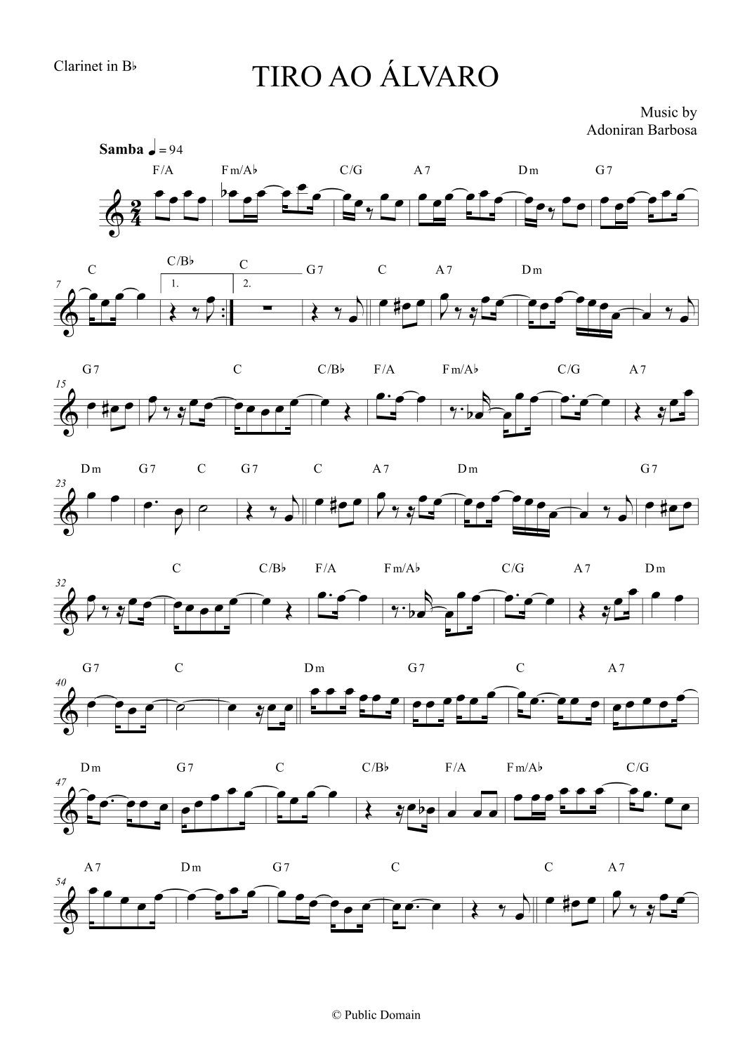 Tiro ao Álvaro by Adoniran Barbosa - Clarinet in Bb (arr. The Sheet Music Library)