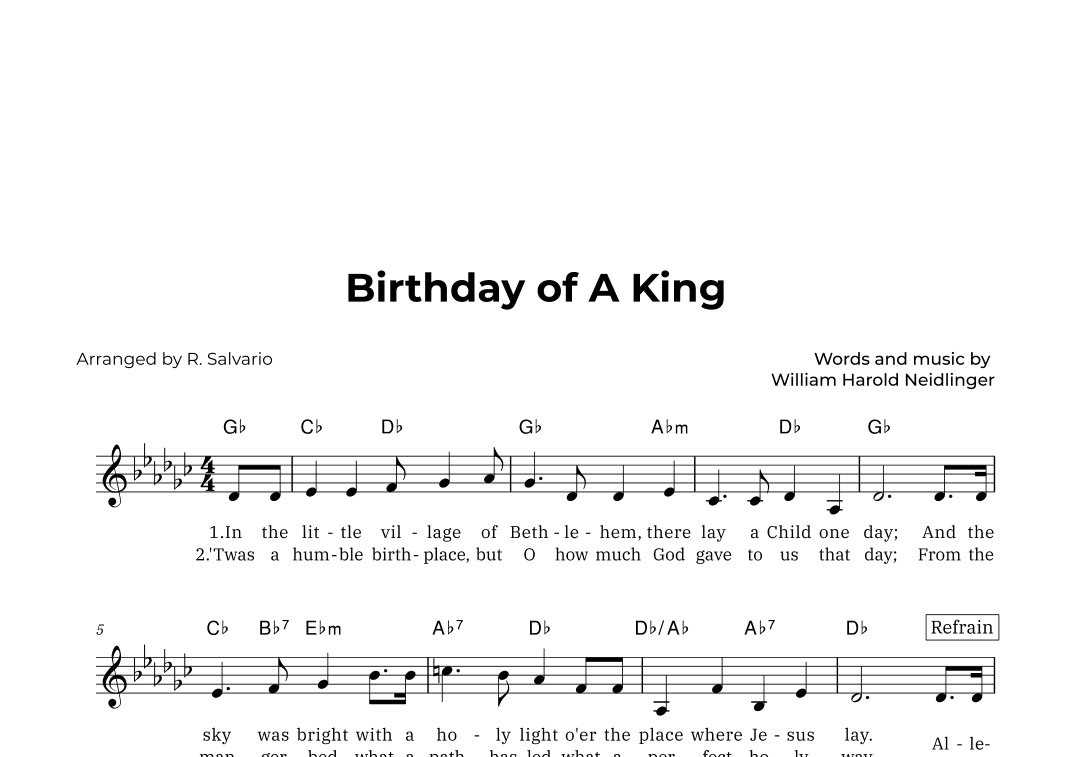 Birthday of A King (Key of G-Flat Major) (arr. R. Salvario)