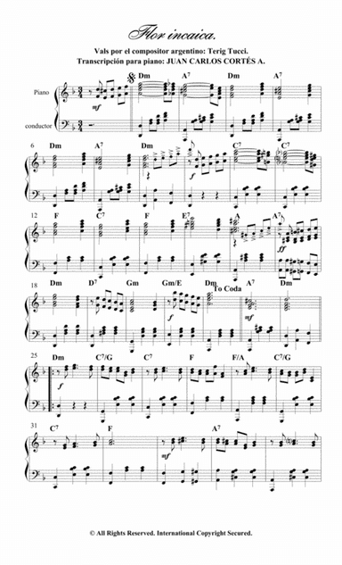 Flor incaica. Vals por instrumental para Piano Solo por Terig Tucci (arr. Juan Carlos Cortés A.)
