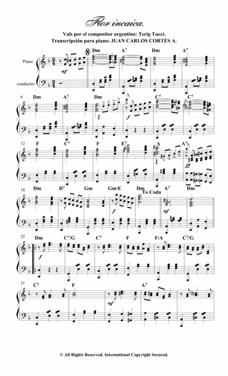 Flor incaica. Vals por instrumental para Piano Solo por Terig Tucci (arr. Juan Carlos Cortés A.)