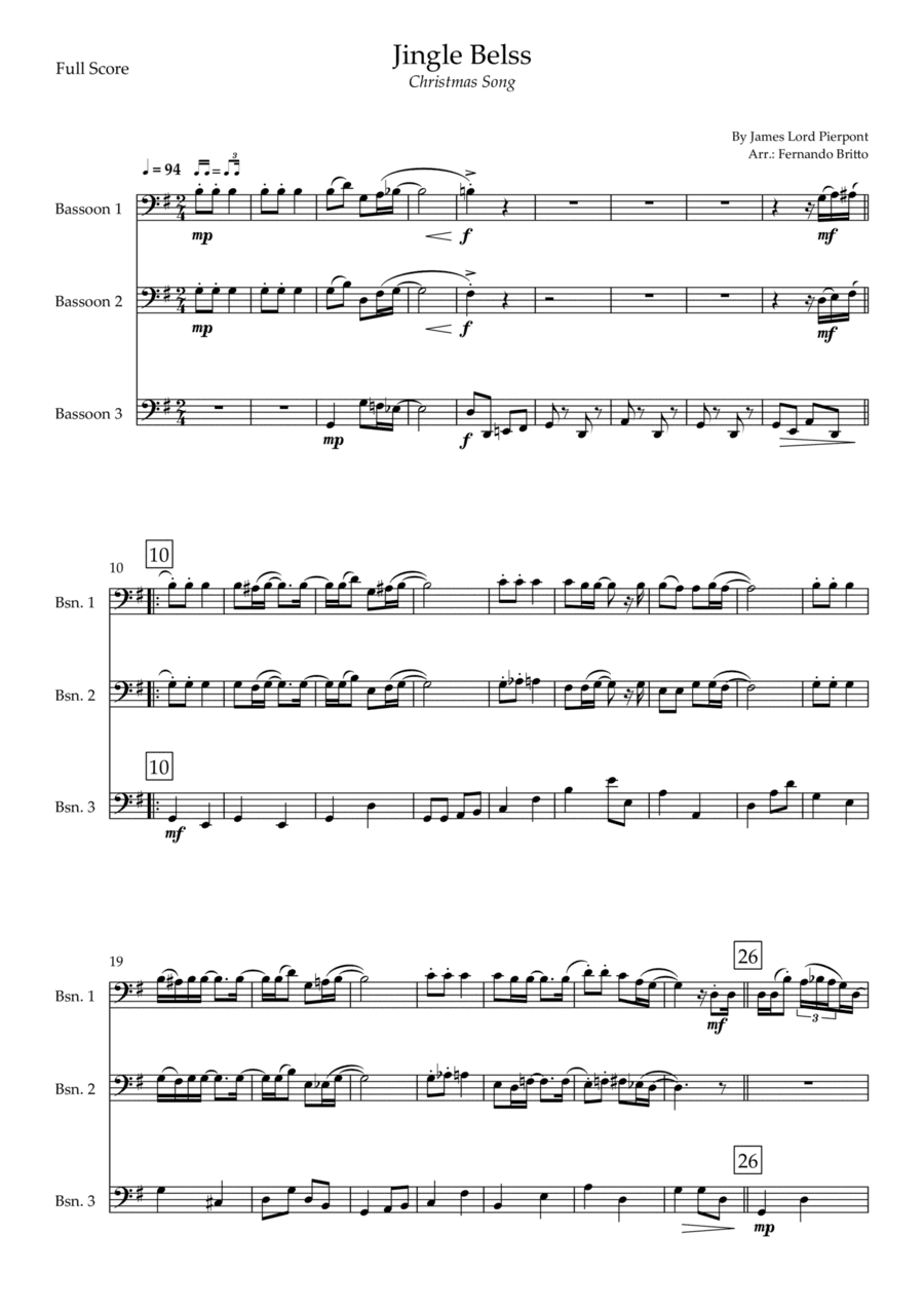 Jingle Bells - Jazz Version (Christmas Song) for Bassoon  Trio (arr. Fernando Britto)