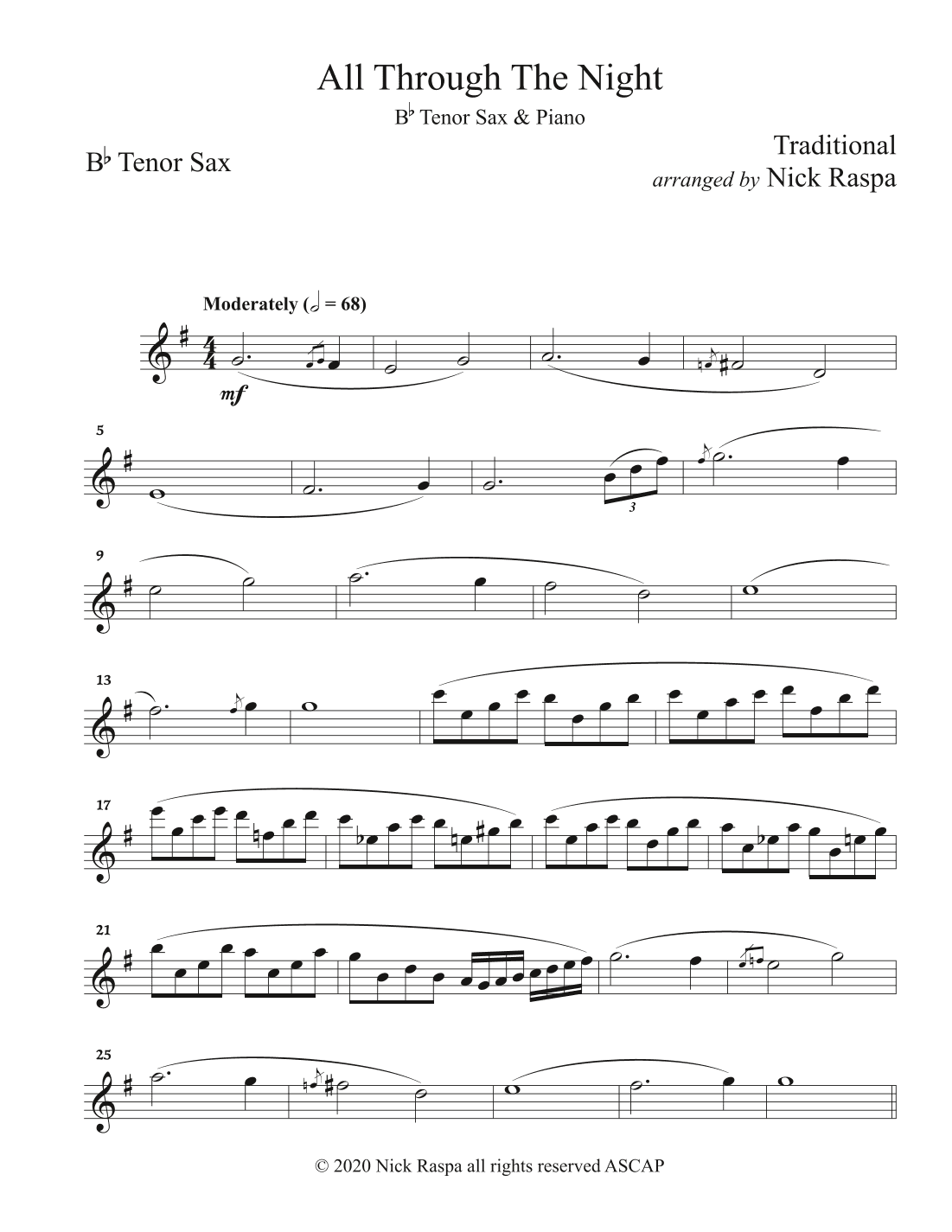 All Through The Night (Tenor Sax & Piano) - Tenor Sax part (arr. Nick Raspa)