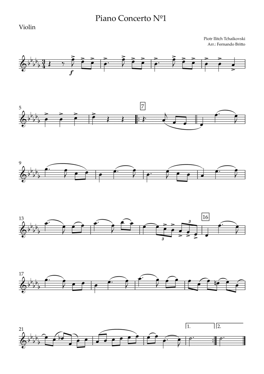 Piano Concerto Nº 1 - 1st Mov. Theme (P. Tchaikovsky) for Violin Solo (arr. Fernando Britto)