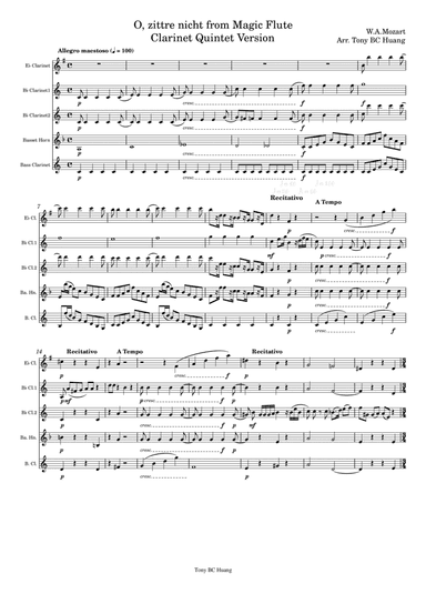 Mozart: O, zittre nicht (Queen of the Night Aria) Clarinet Quintet Version (arr. Tony BC Huang)