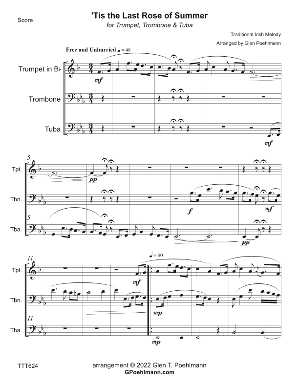 THE LAST ROSE OF SUMMER - Trumpet, Trombone & Tuba (unaccompanied) (arr. Glen Poehlmann)