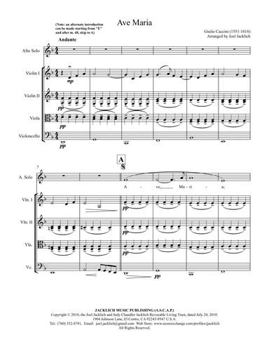 Ave Maria (Caccini) D minor (Treble Clef) for low voice and string quartet (arr. Joel Jacklich (ASCAP))