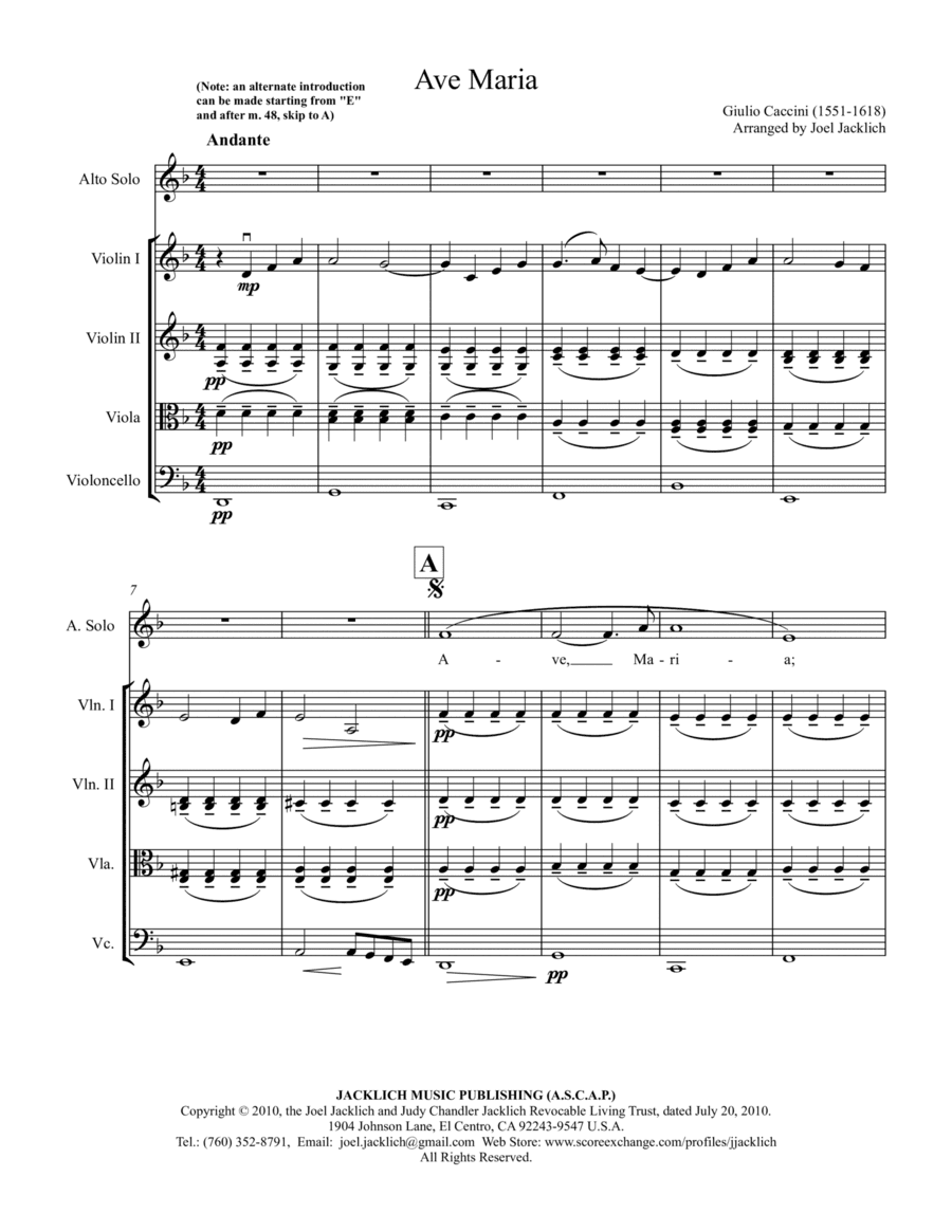 Ave Maria (Caccini) D minor (Treble Clef) for low voice and string quartet (arr. Joel Jacklich (ASCAP))